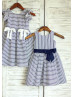 Cotton White Blue Stripes Wedding Flower Girl Dress